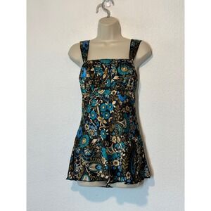 Self Esteem Womens Floral Paisley Satin Babydoll Camisole Top Blue Brown Large